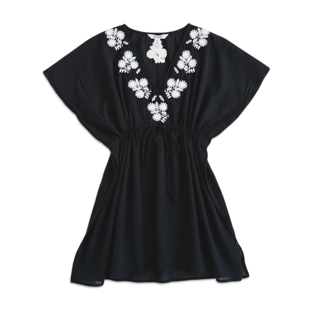 Old Navy Swim Cover-Up Women Medium Black Embroidered Cotton Gauze Kaftan Boho